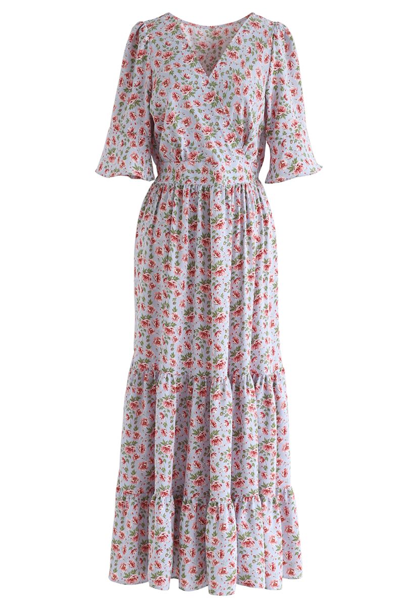 Floral Flare Sleeves Wrapped Maxi Dress in Dusty Blue - Retro, Indie ...