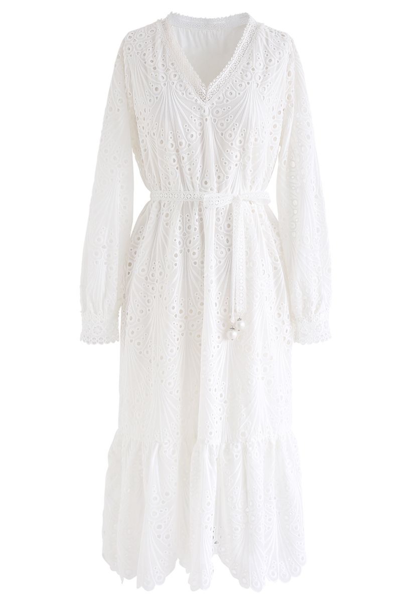 Scallop Embroidered Eyelet V-Neck Midi Dress - Retro, Indie and Unique ...