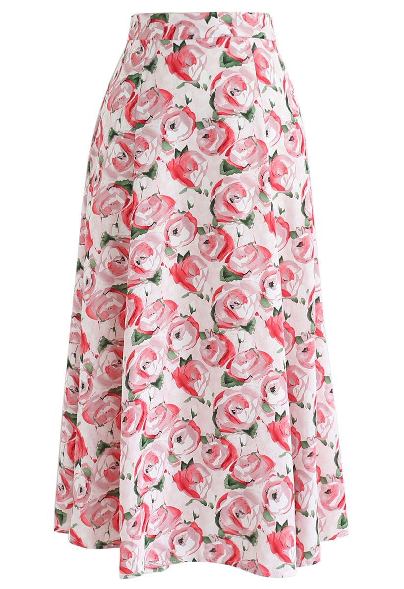 Red Rose Printed A-Line Midi Skirt - Retro, Indie and Unique Fashion