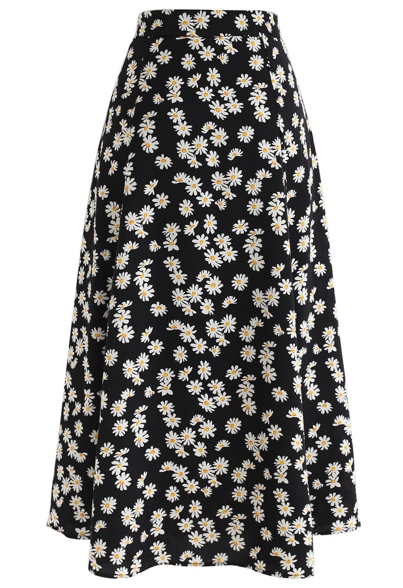 Daisy Printed A-Line Midi Skirt in Black - Retro, Indie and Unique Fashion