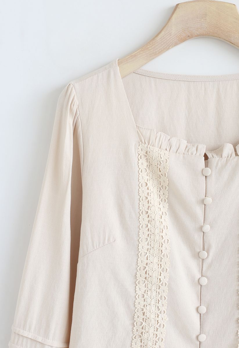 Square Neck Ruffle Buttoned Crop Top in Sand