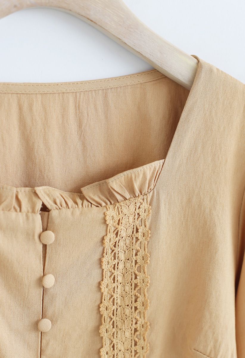 Square Neck Ruffle Buttoned Crop Top in Mustard