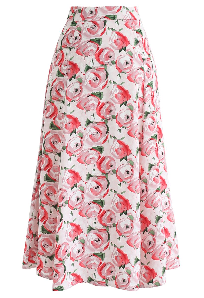 Red Rose Printed A-Line Midi Skirt - Retro, Indie and Unique Fashion