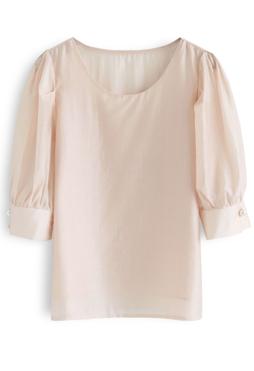 Faux Pearl Decorated Smock Top in Peach
