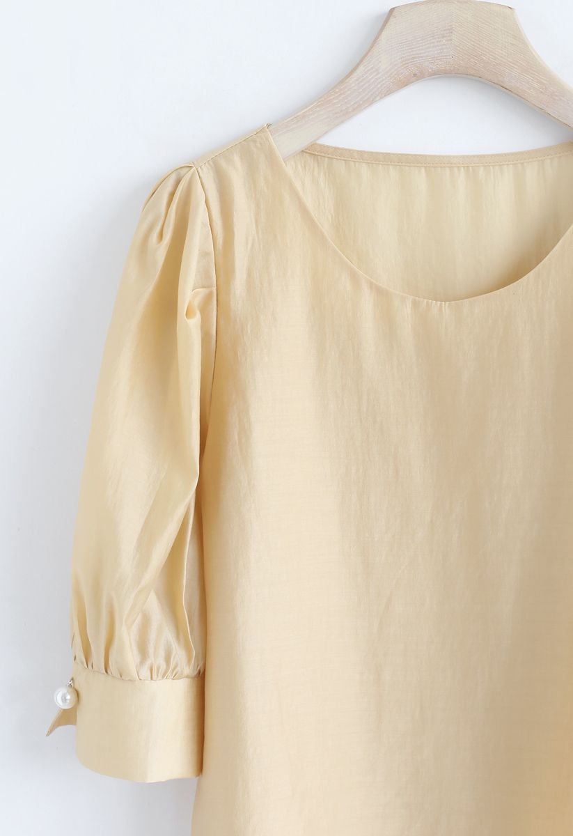Faux Pearl Decorated Smock Top in Mustard