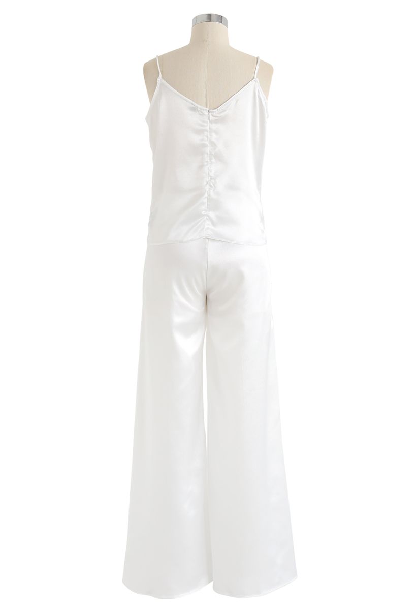 Surplice Cami Tank Top and Flare Hem Pants Set in Pearl White