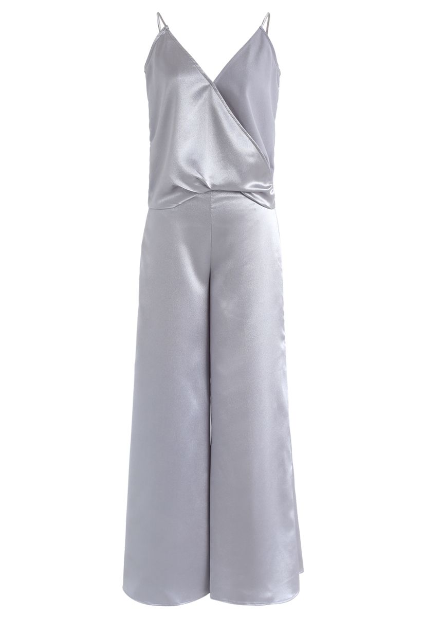 Surplice Cami Tank Top and Flare Hem Pants Set in Dusty Blue
