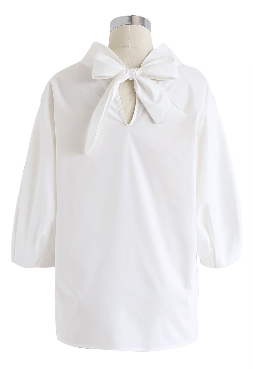 Bow-Neck Puff Sleeves Smock Top in White