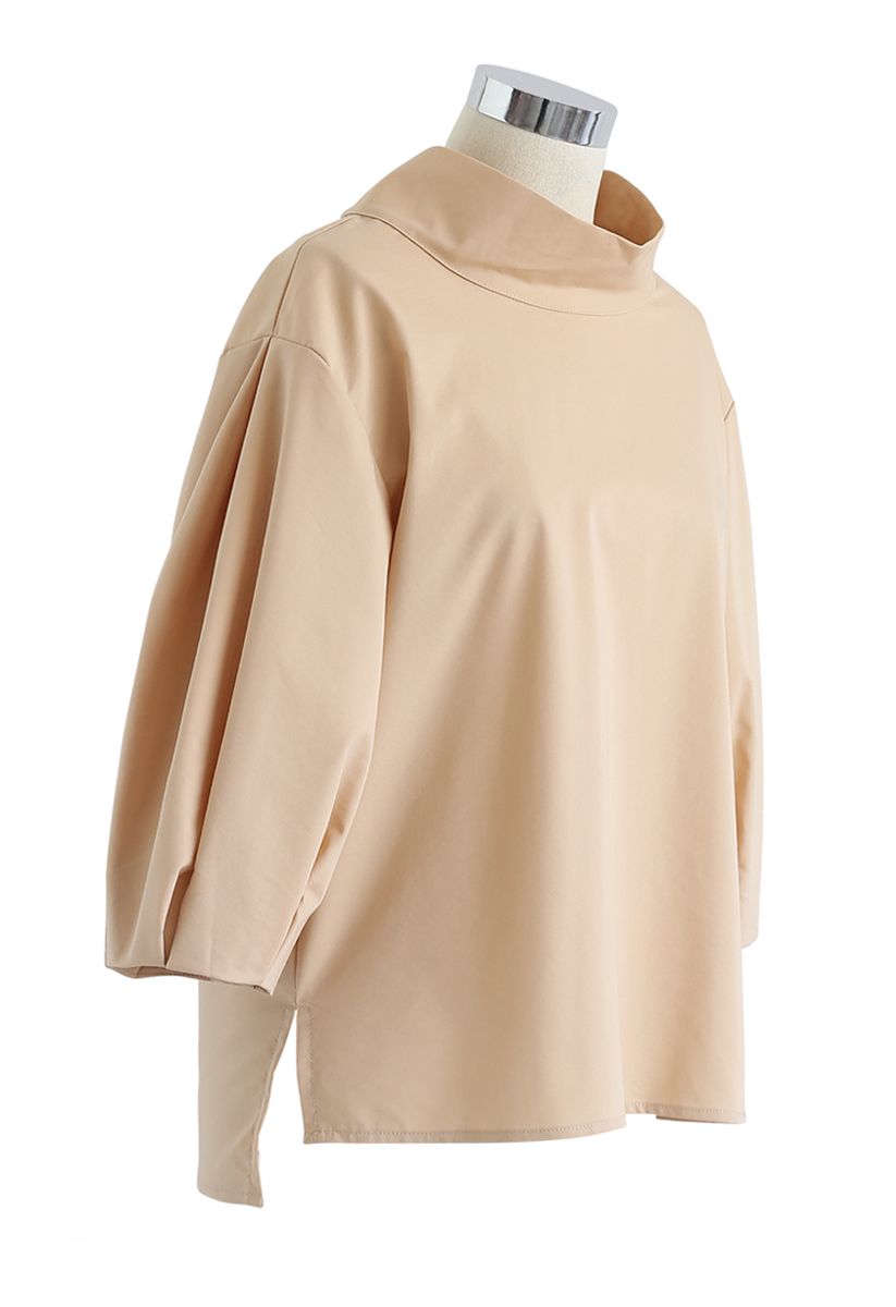 Bow-Neck Puff Sleeves Smock Top in Tan