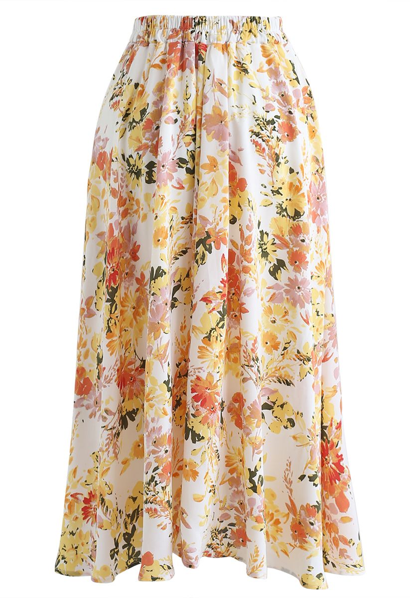 Blooming Season Watercolor Chiffon A-Line Midi Skirt in Orange - Retro ...
