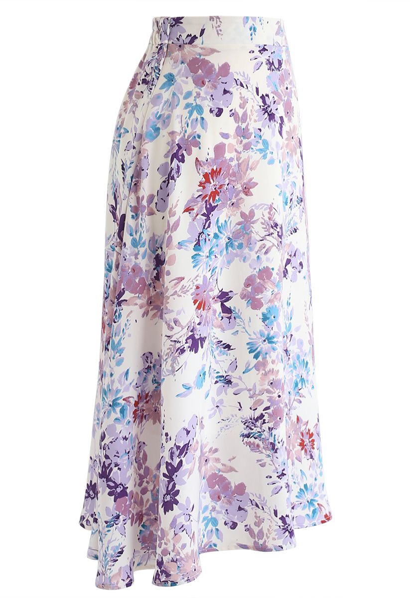Blooming Season Watercolor Chiffon A-Line Midi Skirt in Lilac