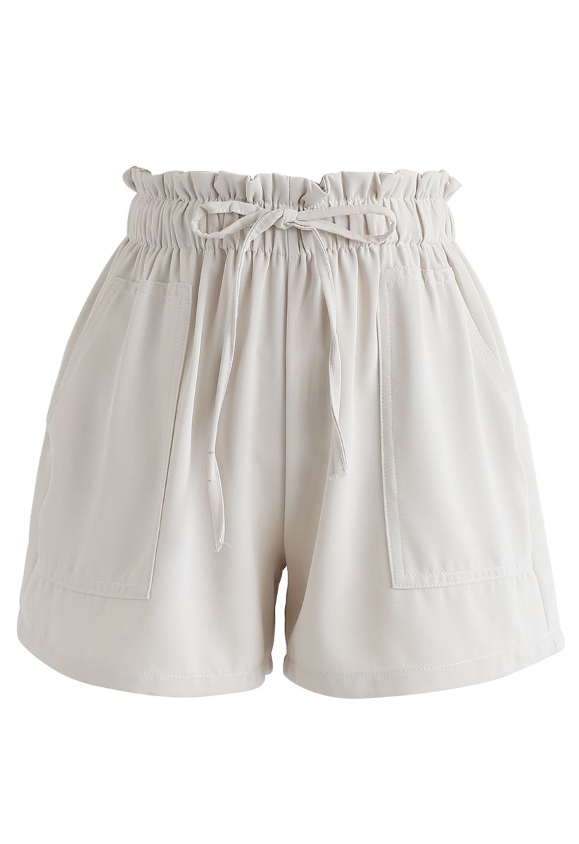 PaperBag-Waist Pockets Shorts in Cream - Retro, Indie and Unique Fashion