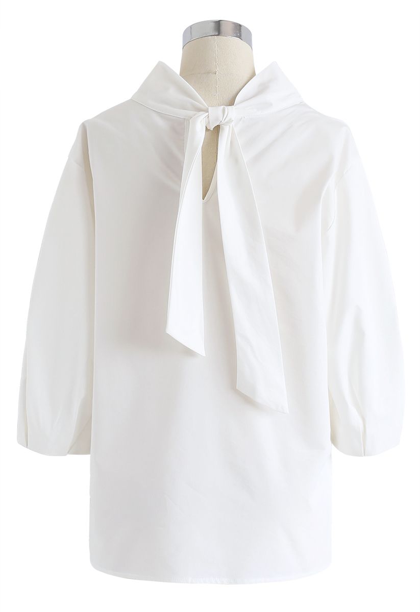 Bow-Neck Puff Sleeves Smock Top in White