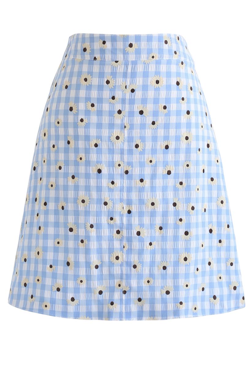 Summer Daisy Printed Gingham Bud Skirt in Blue - Retro, Indie and ...