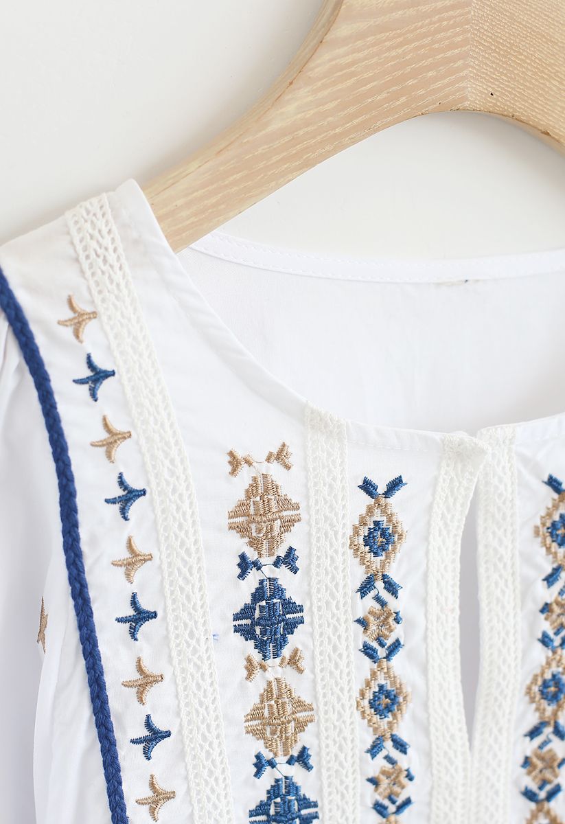 Embroidered Hi-Lo Boho Dolly Top in White