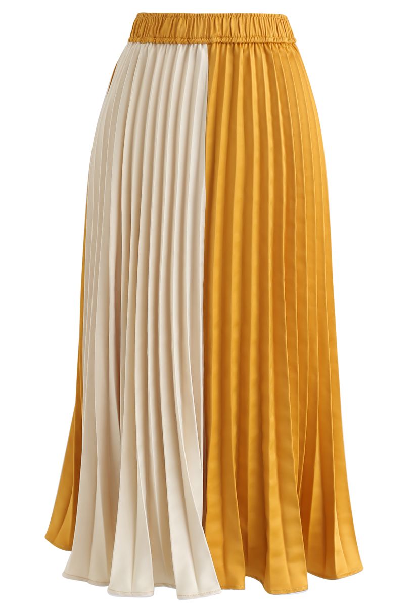Color-Block Satin Pleated Midi Skirt - Retro, Indie and Unique Fashion