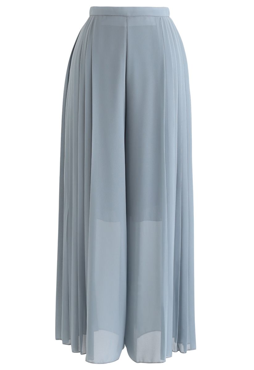 Pleated Wide-Leg Chiffon Pants in Teal - Retro, Indie and Unique Fashion