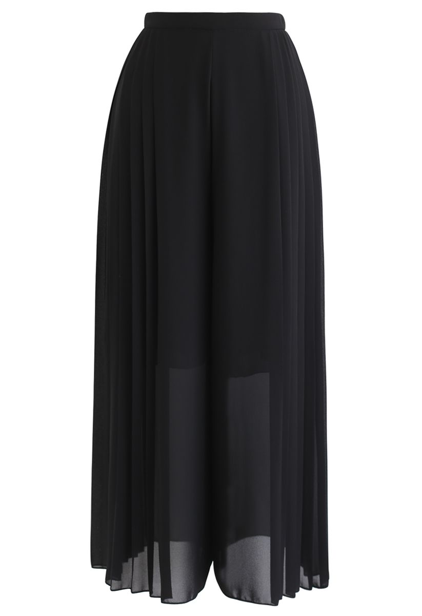 Pleated Wide-Leg Chiffon Pants in Black - Retro, Indie and Unique Fashion