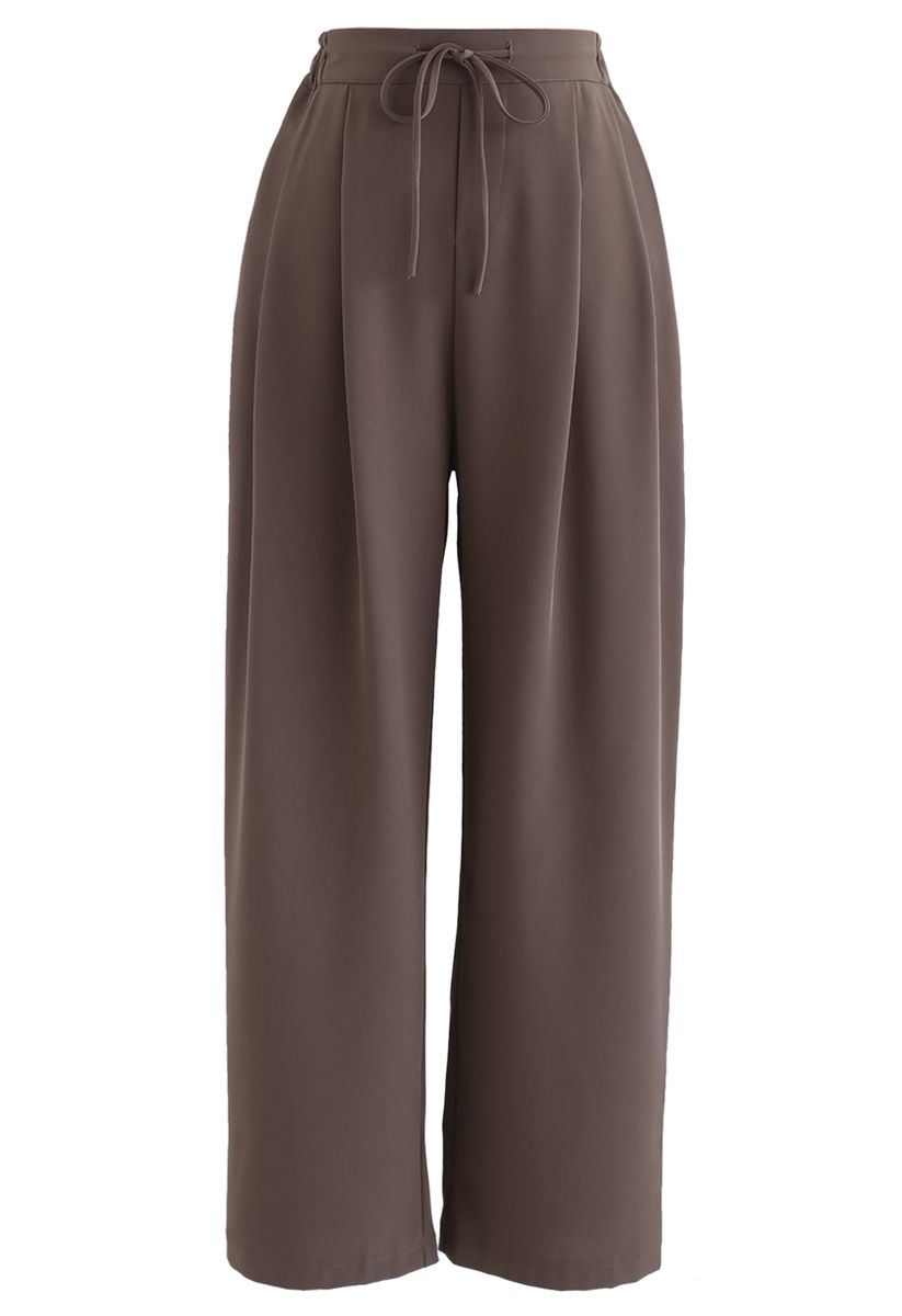 Drawstring High-Waisted Wide-Leg Pants in Brown