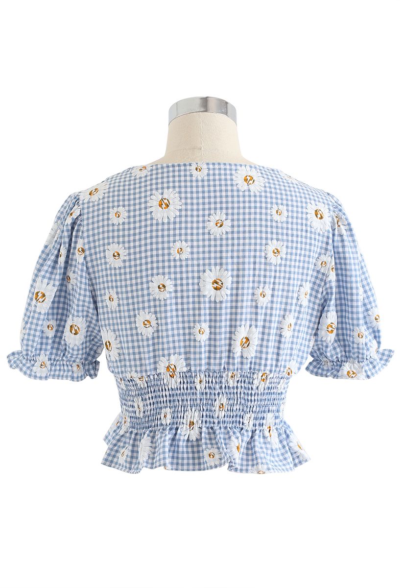 Summer Daisy Printed Gingham Square Neck Crop Top in Blue