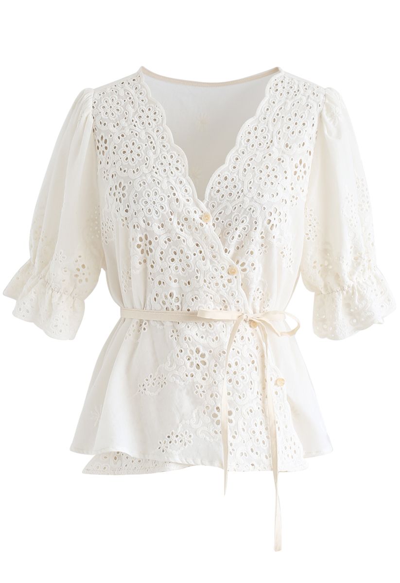 Buttoned Surplice Neck Embroidered Eyelet Top