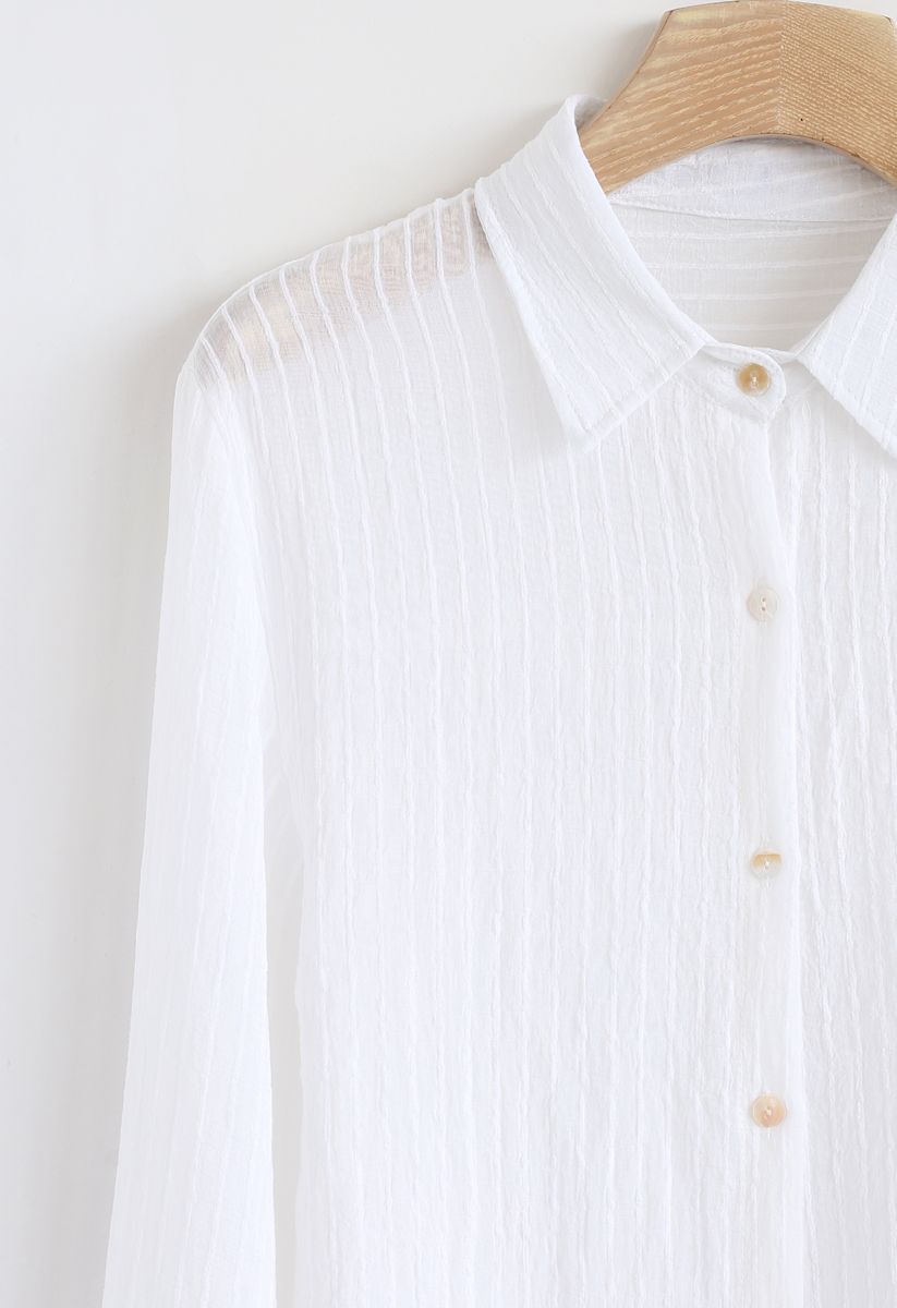 Stripe Texture Button Down Sleeves Shirt in White