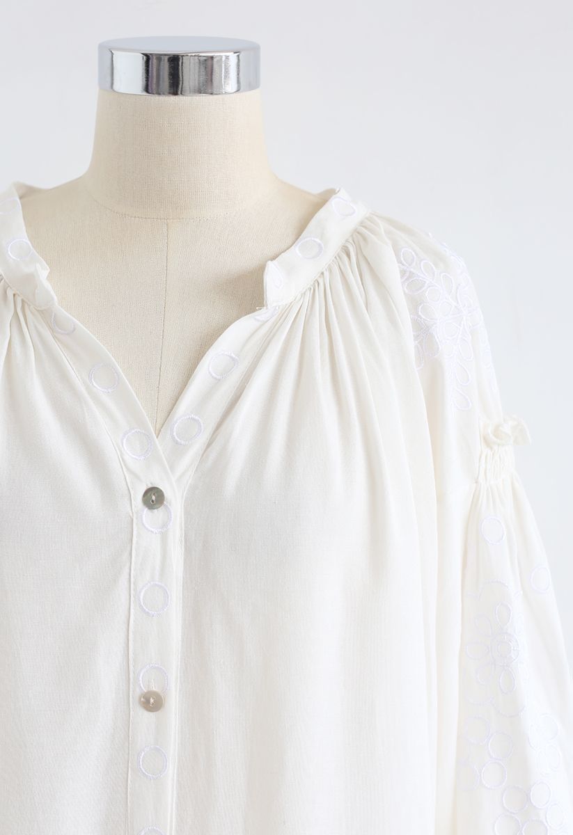 Button Down Embroidered Loose Shirt in Ivory - Retro, Indie and Unique ...