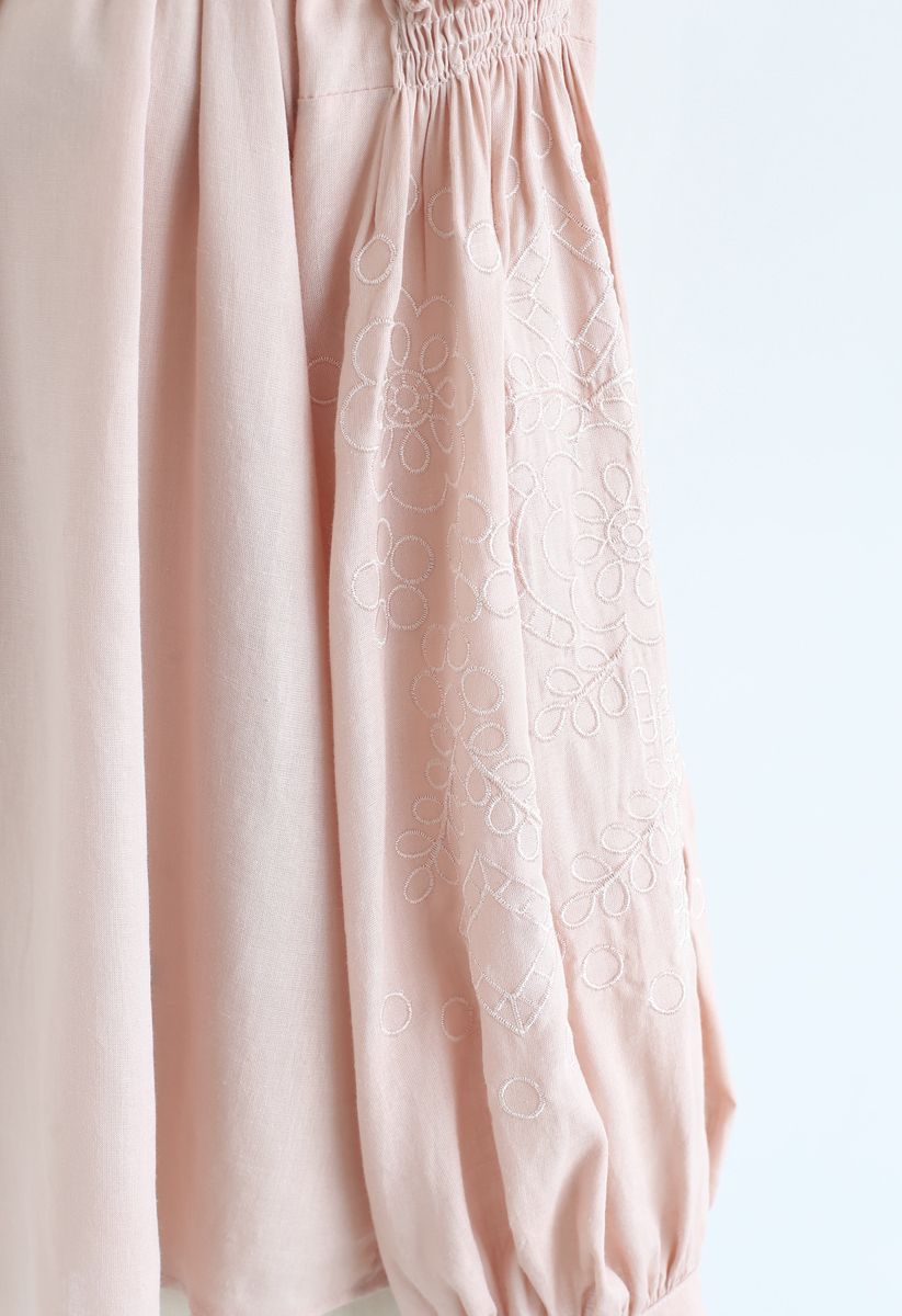 Button Down Embroidered Loose Shirt in Peach
