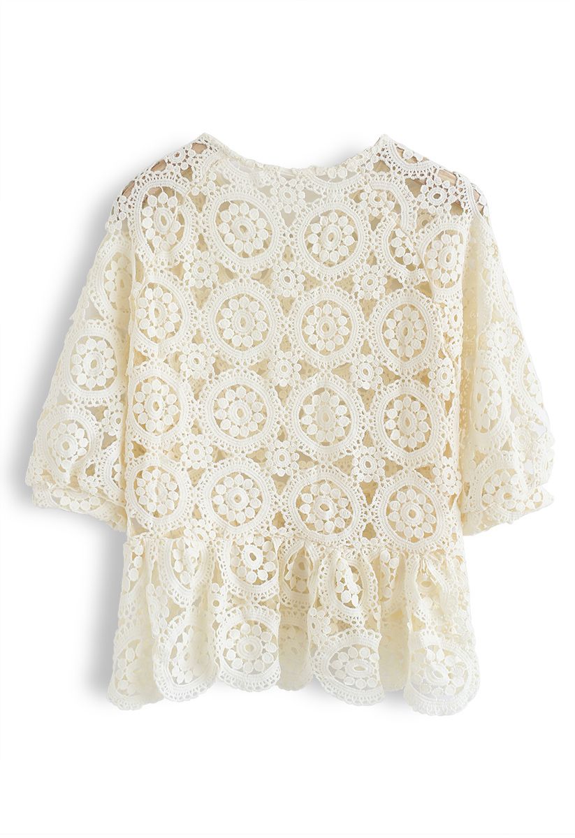 Scrolled Hem Full Crochet Top in Cream - Retro, Indie and Unique Fashion