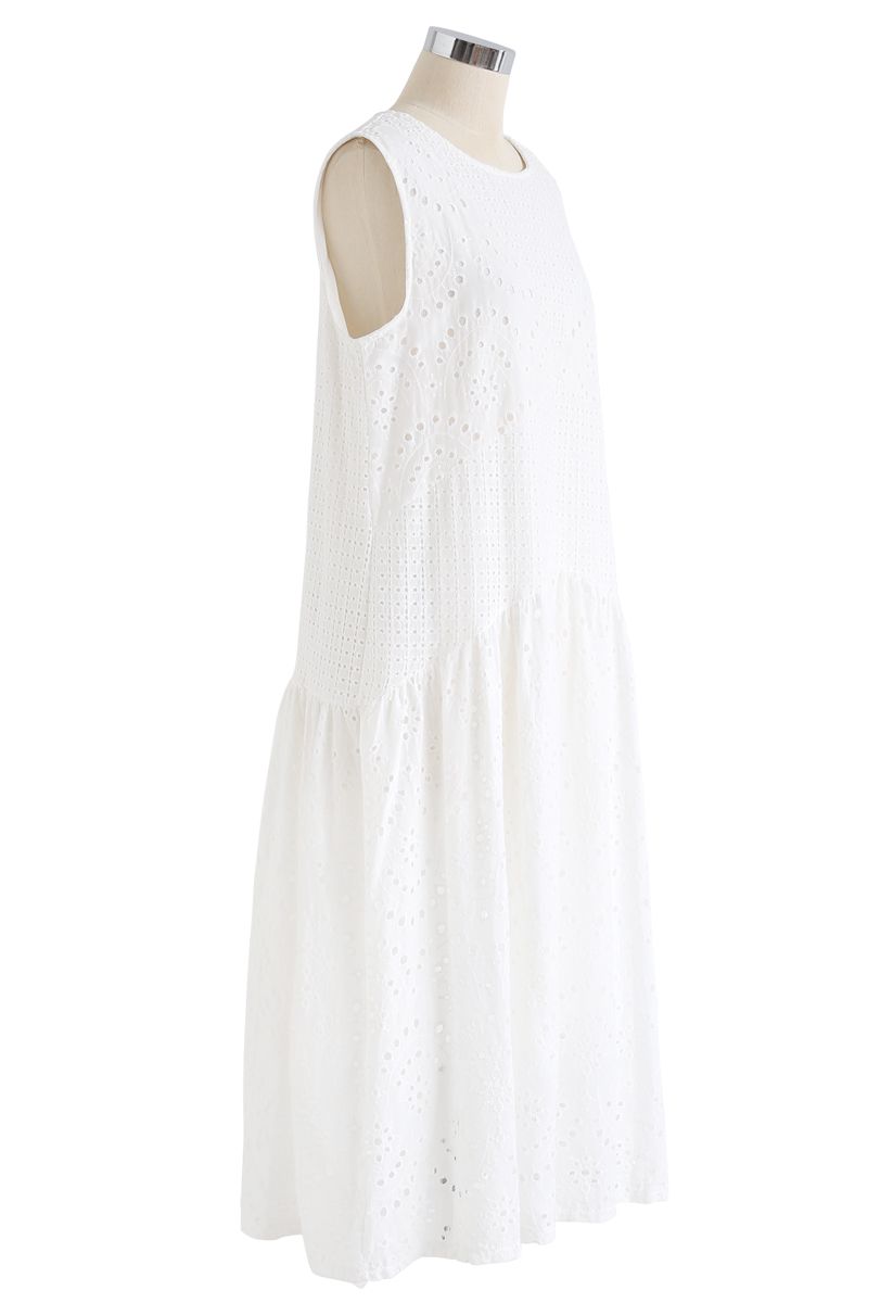 White Perforated Embroidered Sleeveless Dress