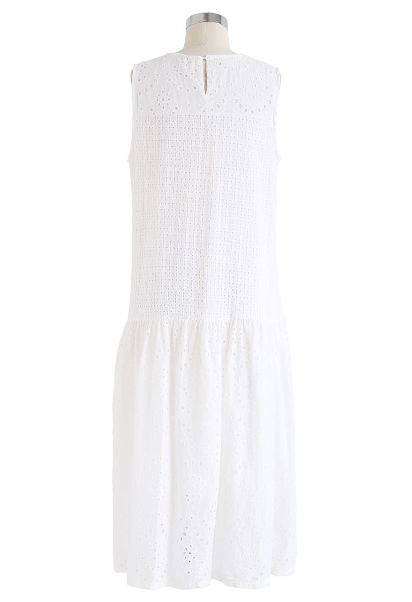 White Perforated Embroidered Sleeveless Dress - Retro, Indie and Unique ...