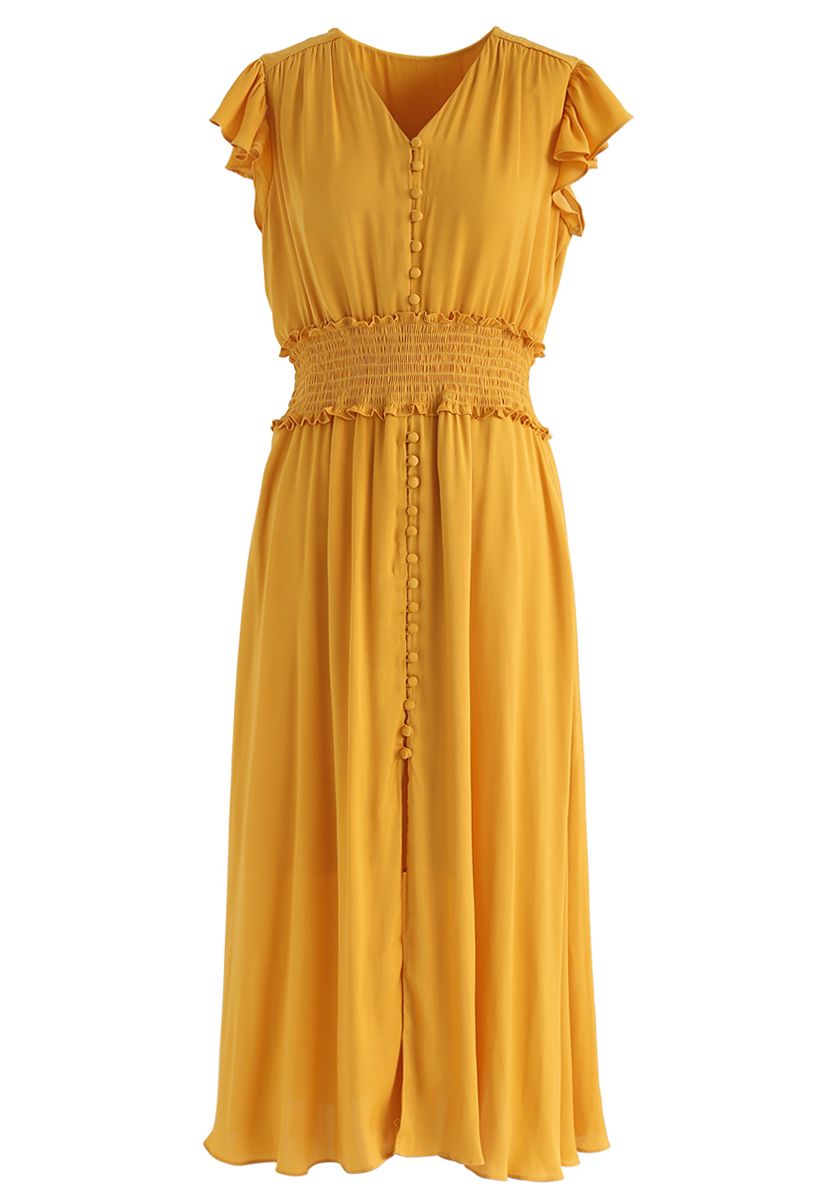 Shirred Button Down Ruffle Dress in Mustard - Retro, Indie and Unique ...