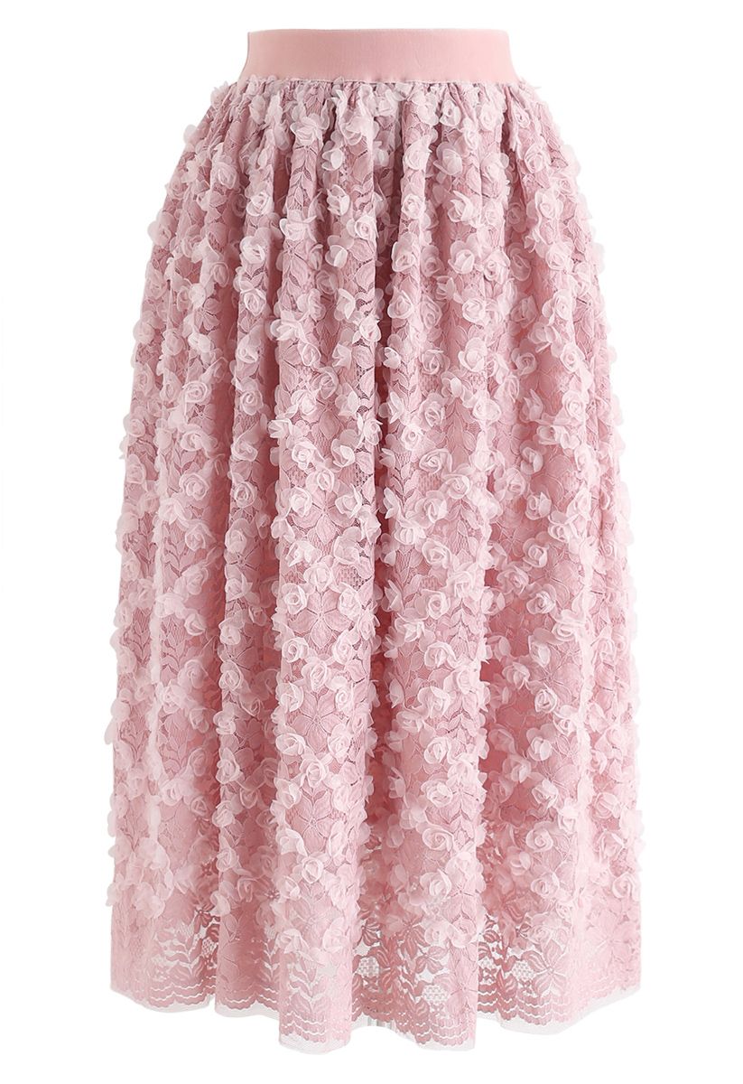 3D Roses Full Lace Midi Skirt in Pink