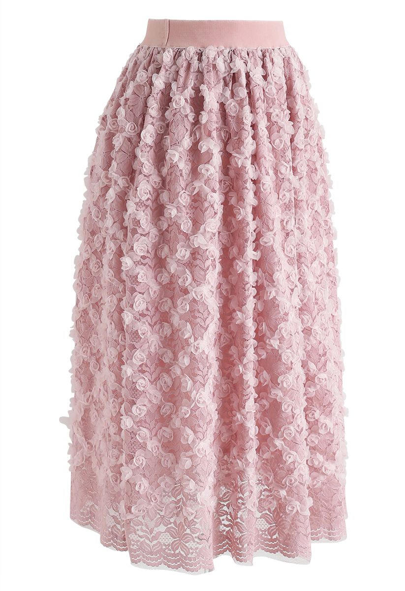 3D Roses Full Lace Midi Skirt in Pink