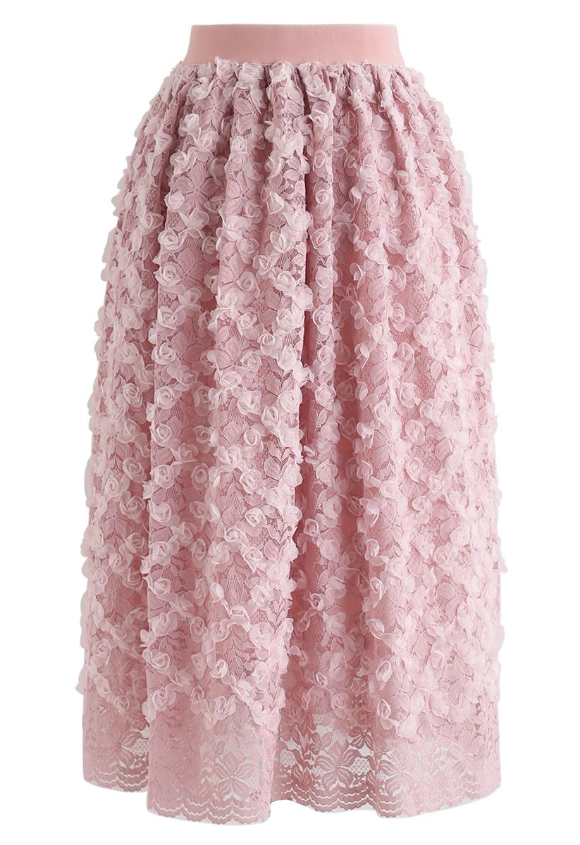 3D Roses Full Lace Midi Skirt in Pink - Retro, Indie and Unique Fashion