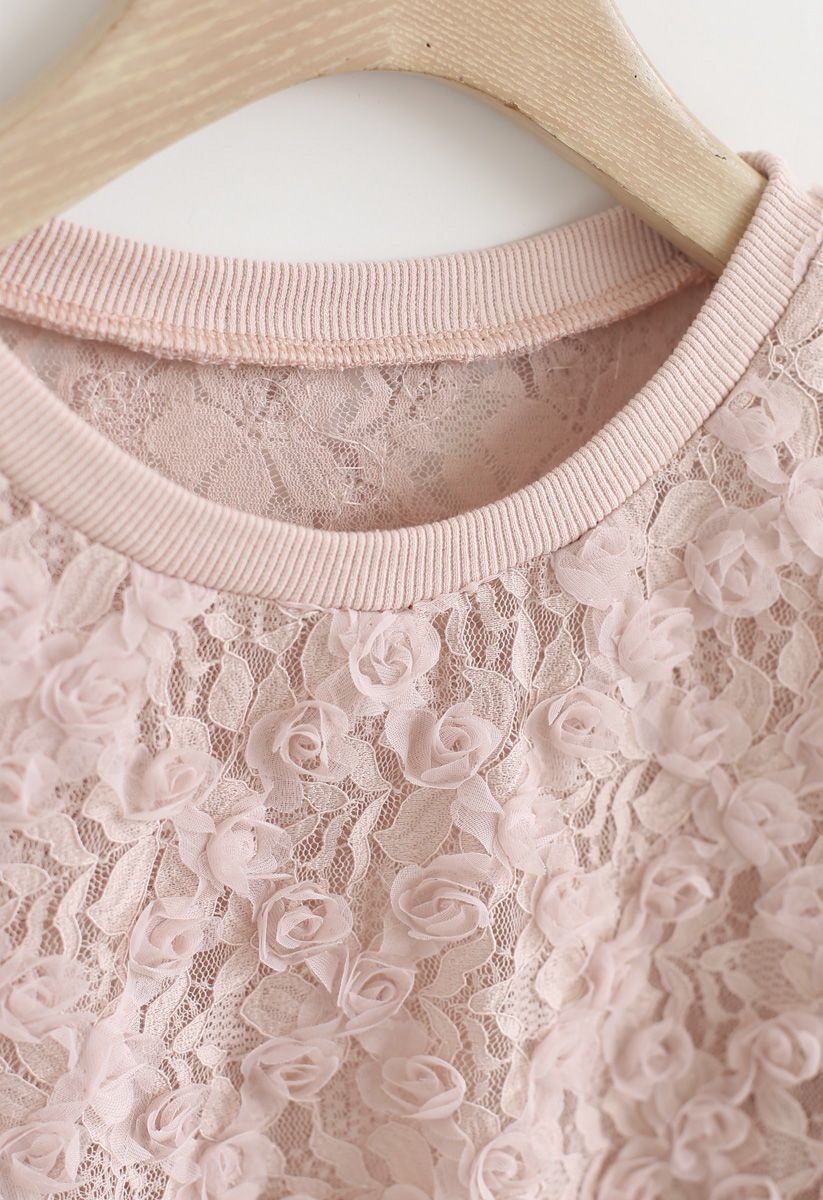 3D Roses Full Lace Top in Pink