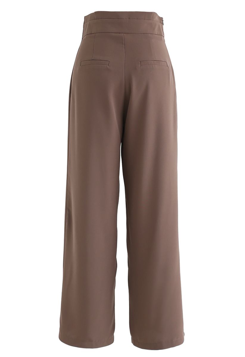 Button Embellished Wide-Leg Pants in Brown