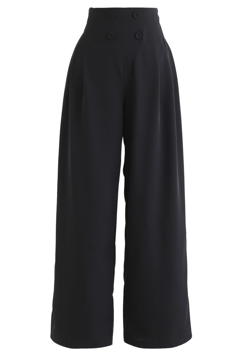 Button Embellished Wide-Leg Pants in Black - Retro, Indie and Unique ...