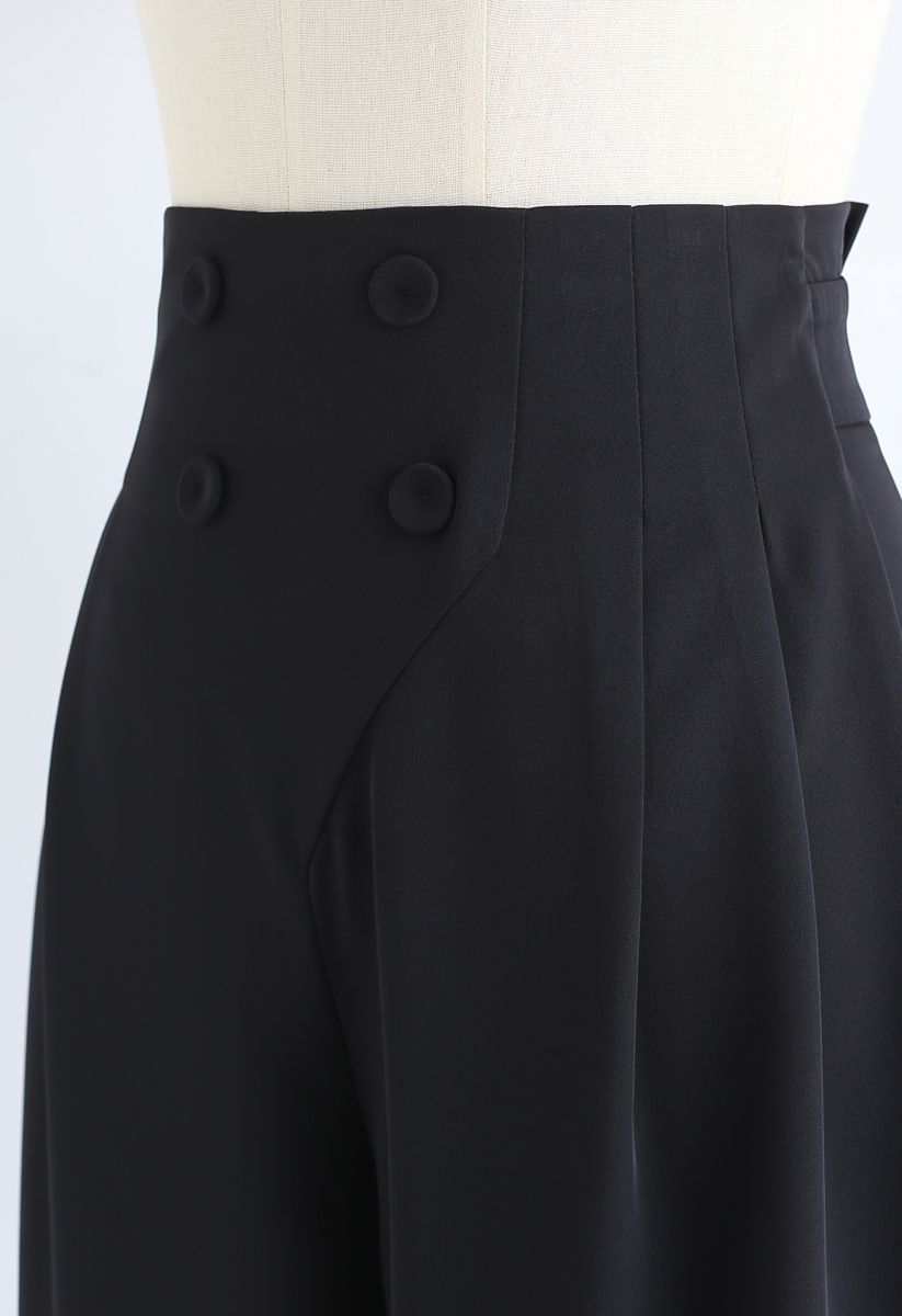 Button Embellished Wide-Leg Pants in Black
