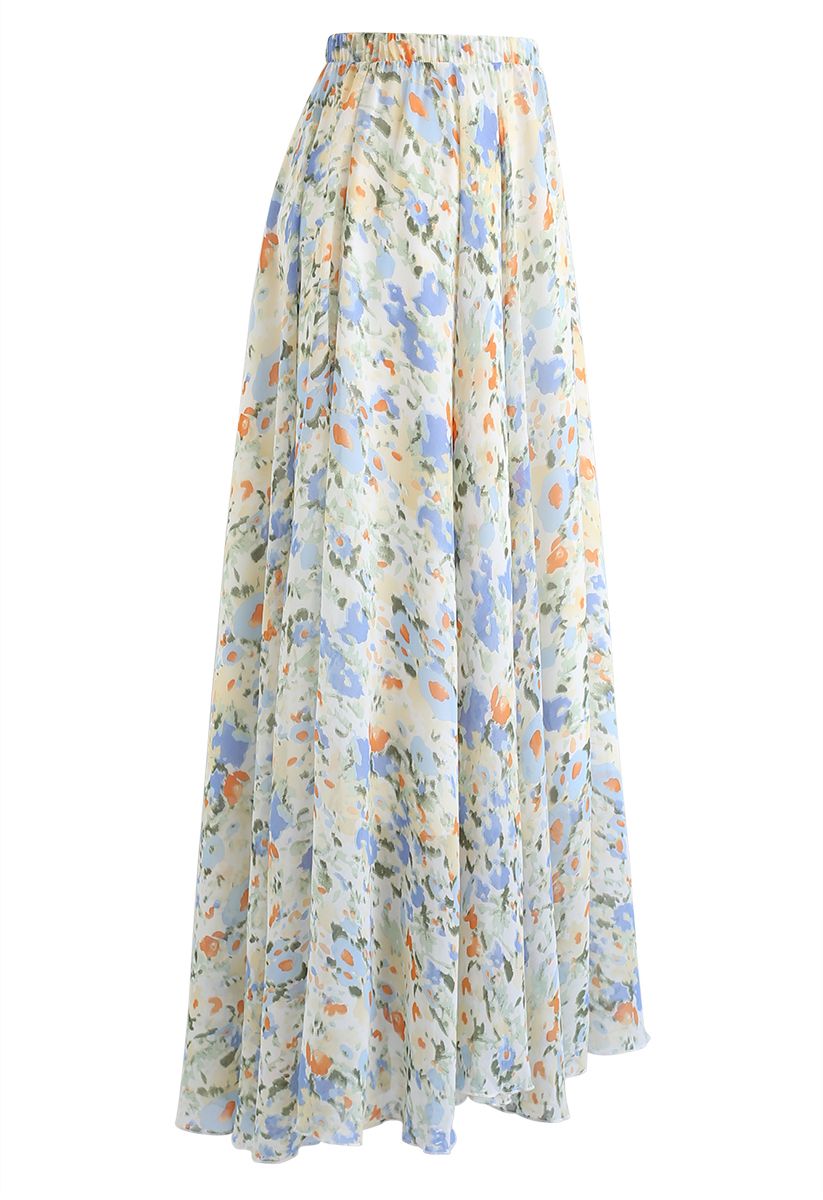 Abstract Watercolor Chiffon Maxi Skirt - Retro, Indie and Unique Fashion