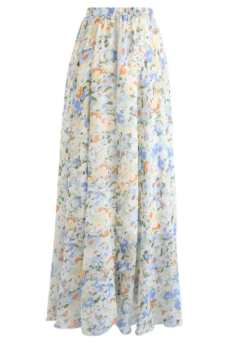 Abstract Watercolor Chiffon Maxi Skirt - Retro, Indie and Unique Fashion