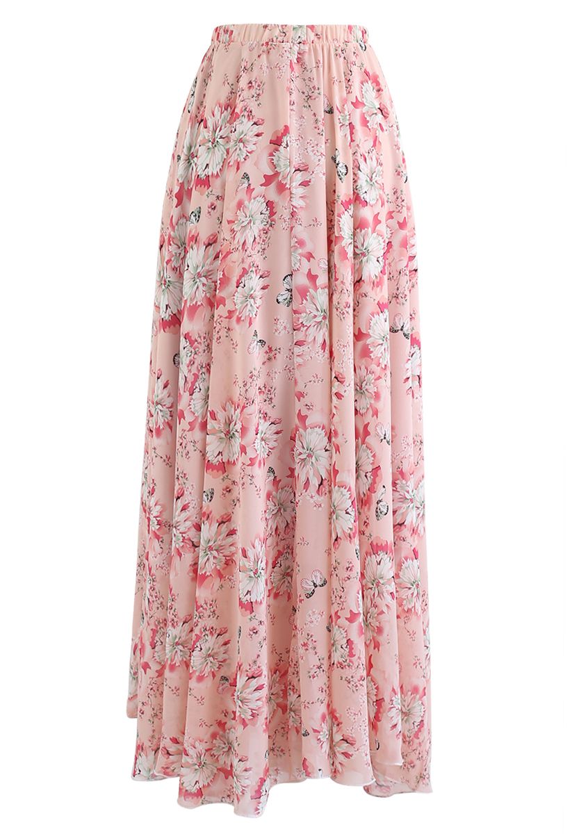 Butterfly and Floral Print Chiffon Maxi Skirt in Pink - Retro, Indie ...