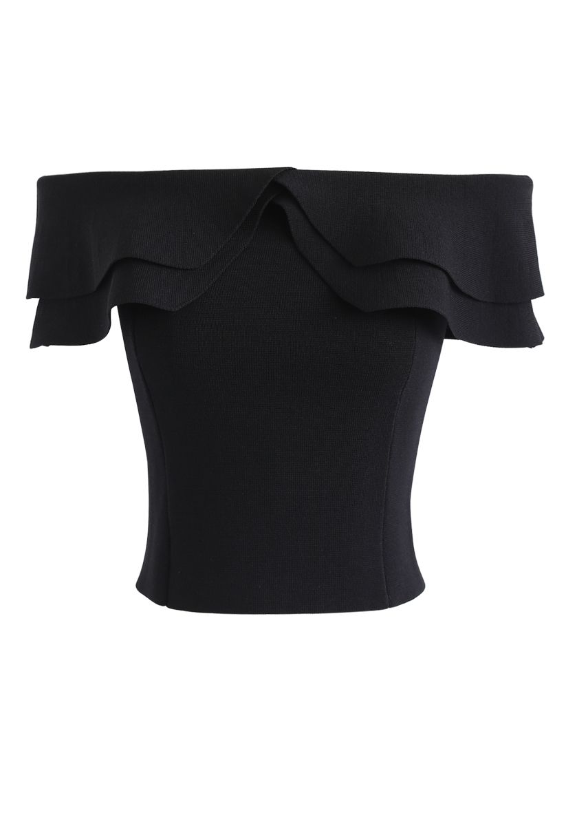 Off-Shoulder Tiered Cropped Knit Top in Black - Retro, Indie and Unique ...