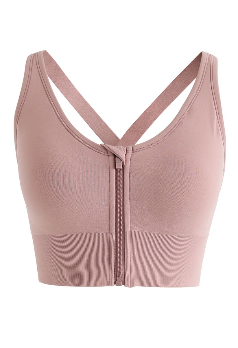Zipper Front Crisscross Sports Bra in Pink - Retro, Indie and Unique ...