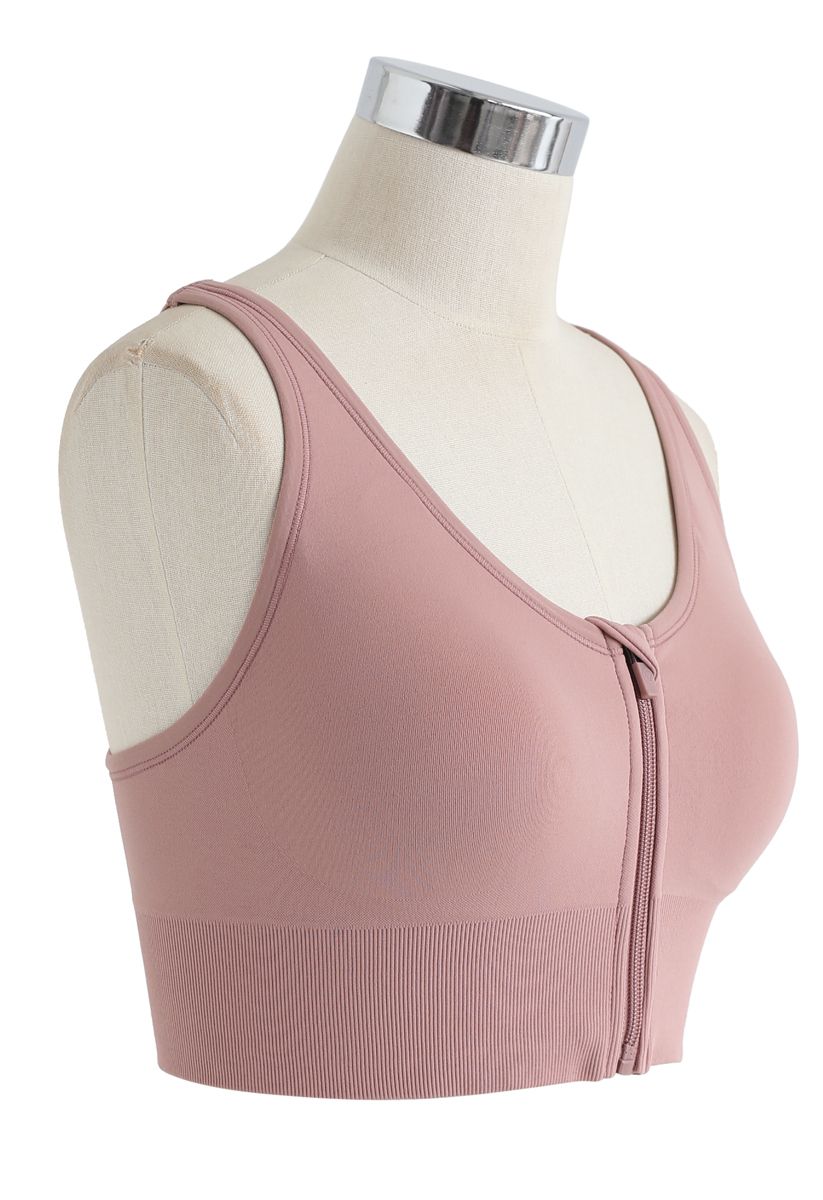 Zipper Front Crisscross Sports Bra in Pink - Retro, Indie and