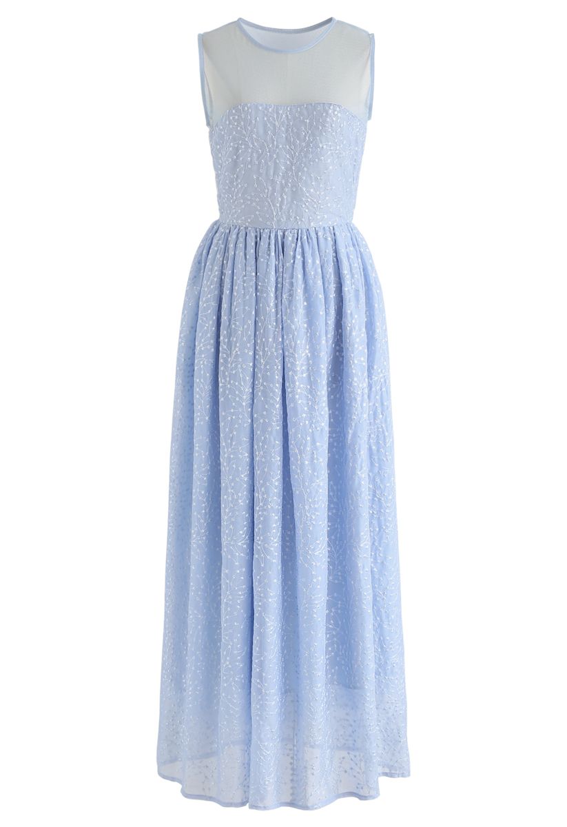 Mesh Spliced Floret Embroidered Maxi Dress in Blue - Retro, Indie and ...