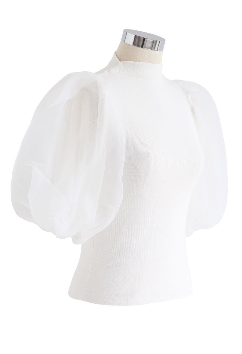 Fitted Organza Bubble Sleeves Knit Top in White