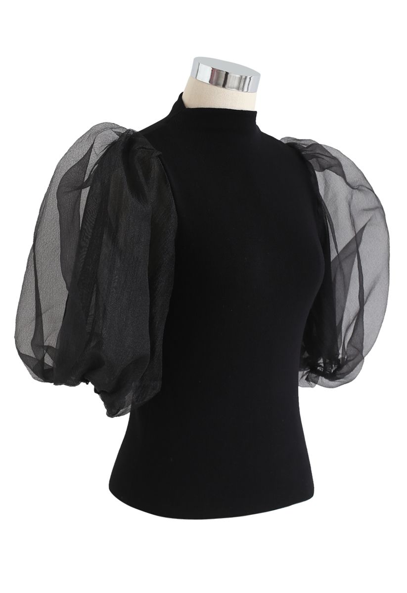 Fitted Organza Bubble Sleeves Knit Top in Black