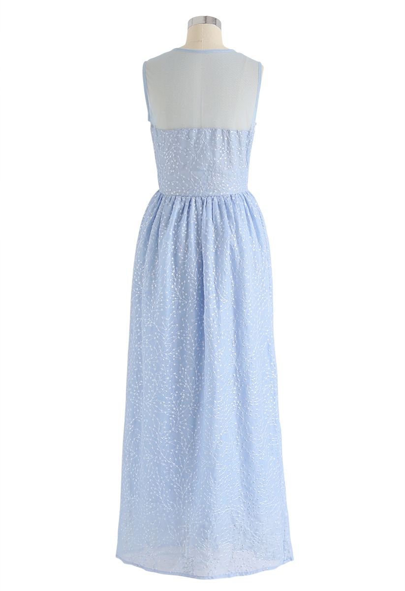 Mesh Spliced Floret Embroidered Maxi Dress in Blue - Retro, Indie and ...