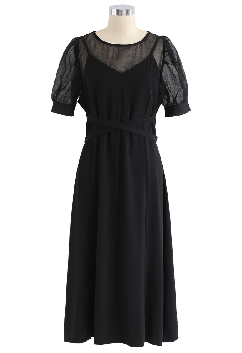 Split Shift Adjustable Cami Dress in Black